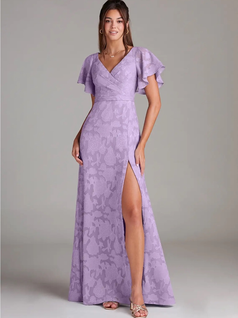 Azazie Ambrosia Lilac A-Line Pleated Floral Burnout Dress